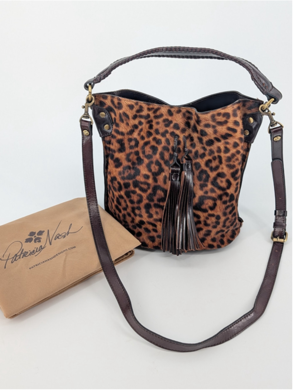 Patricia Nash Torresina Leopard Calf Hair Leather Bucket Bag Crossbody Tassels - Picture 2 of 16